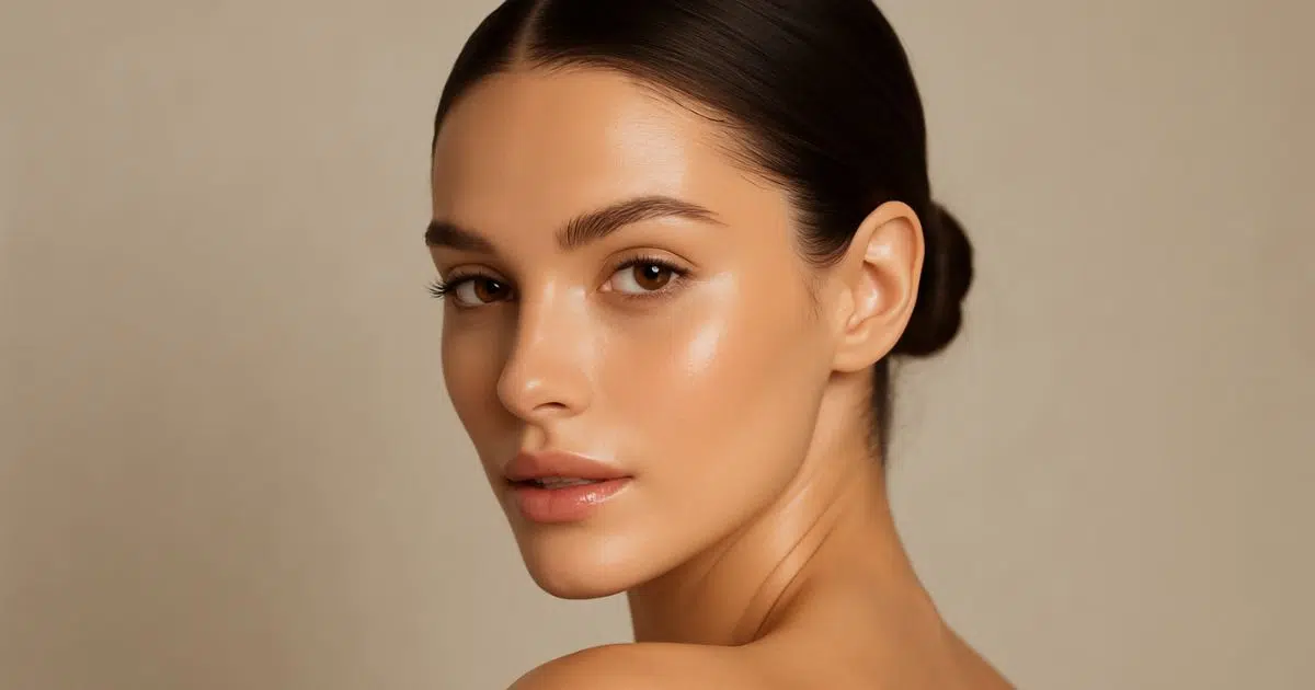 Close-up portrait of a woman with glowing skin, brown eyes, and dark hair pulled into a sleek bun.