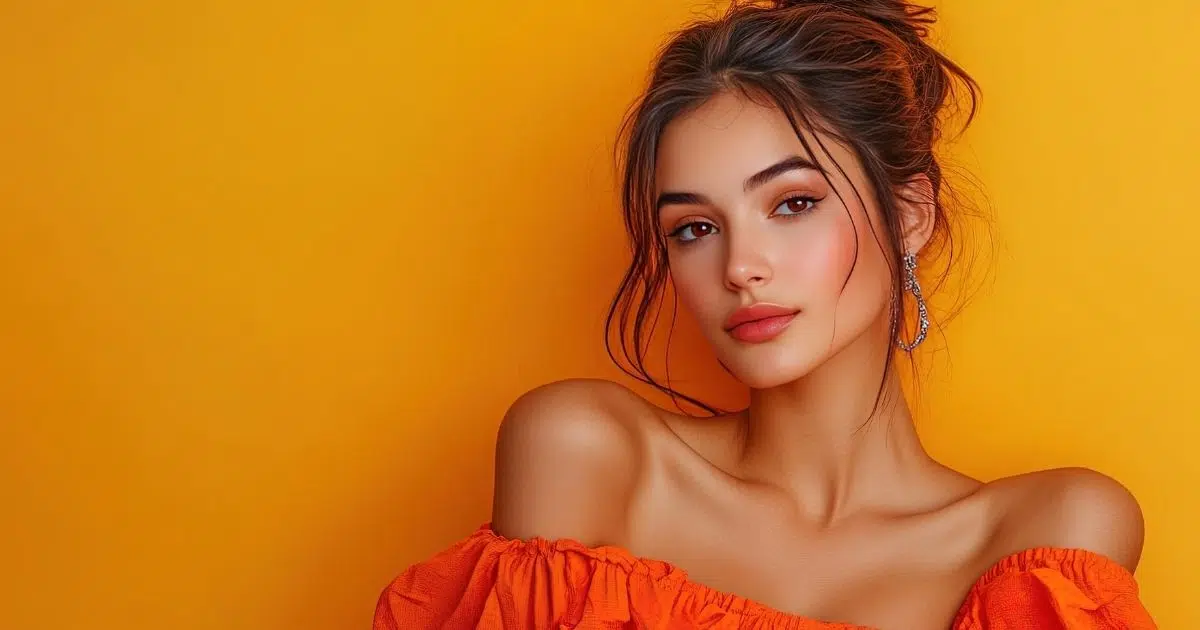 Portrait of a woman with a messy bun, dangling earrings, and an orange off-the-shoulder top against a vibrant yellow-orange background.